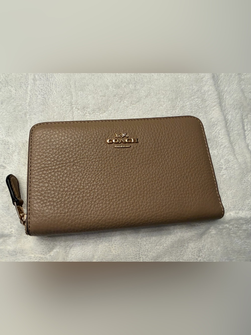 Coach Pebbled Leather Wallet in Taupe Brown with Gold Logo